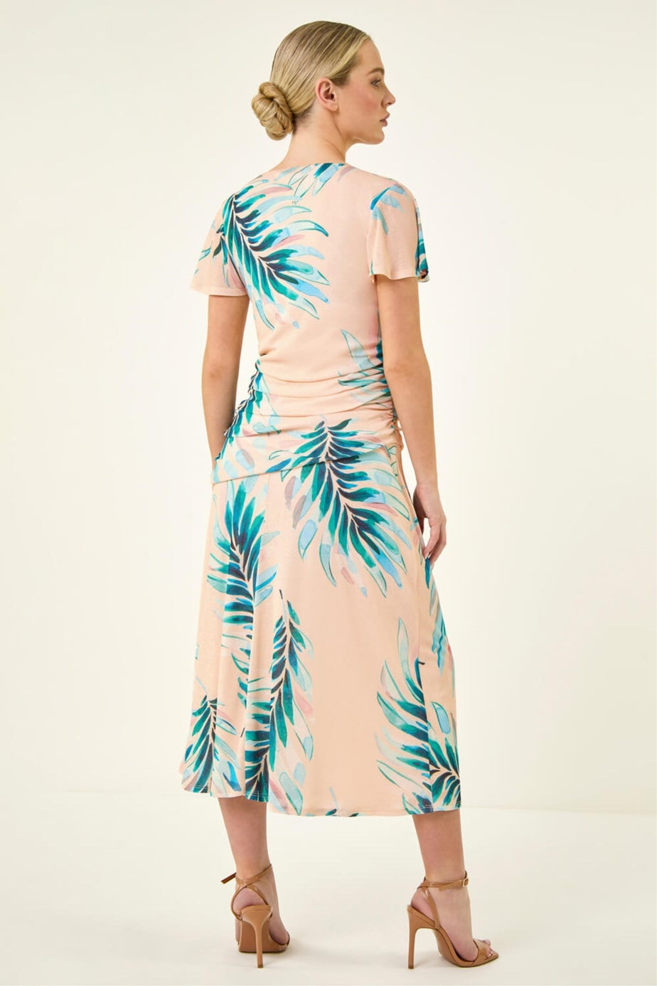 Roman Ivory Petite Floral Side Ruched Midi Dress