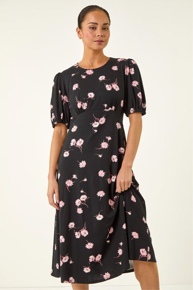 Roman Black Petite Floral Stretch Midi Dress