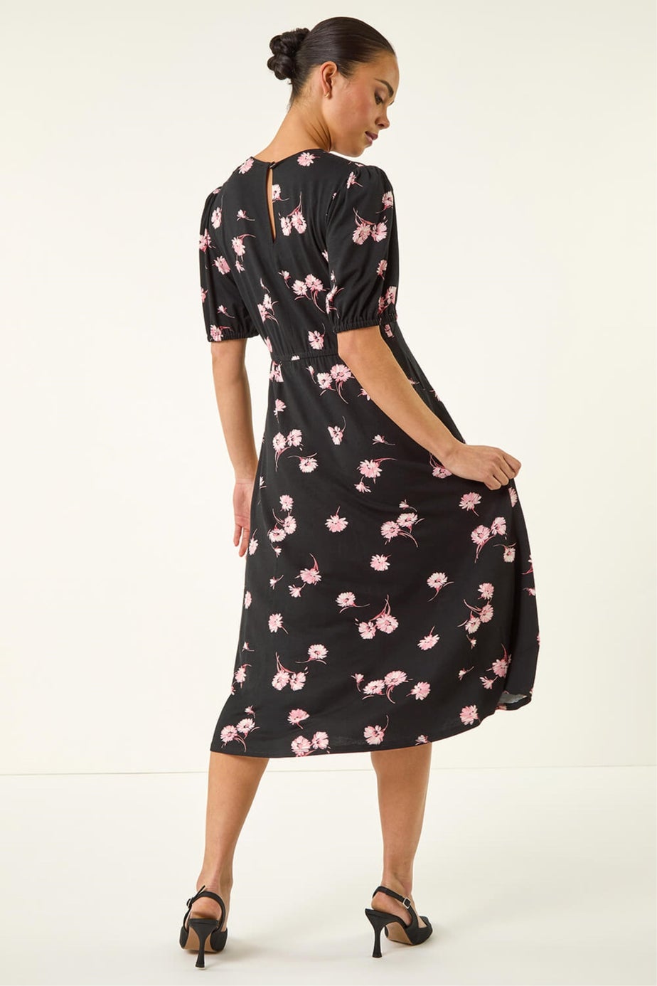 Roman Black Petite Floral Stretch Midi Dress