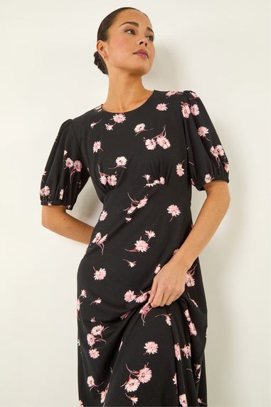Roman Black Petite Floral Stretch Midi Dress