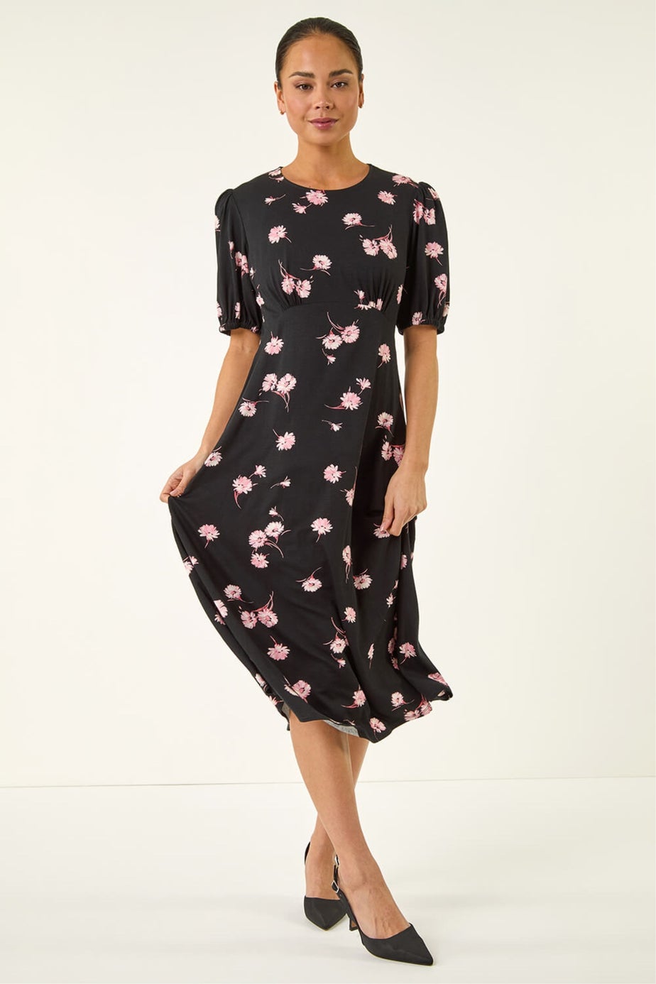Roman Black Petite Floral Stretch Midi Dress