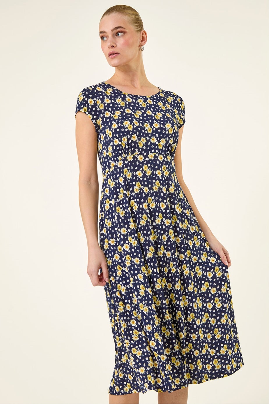 Roman Yellow Daisy Print Midi Tea Dress