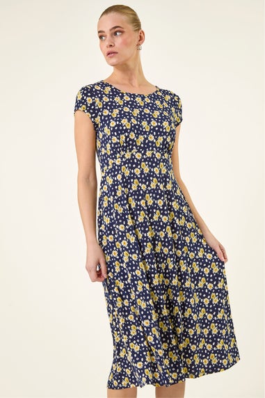 Roman Yellow Daisy Print Midi Tea Dress