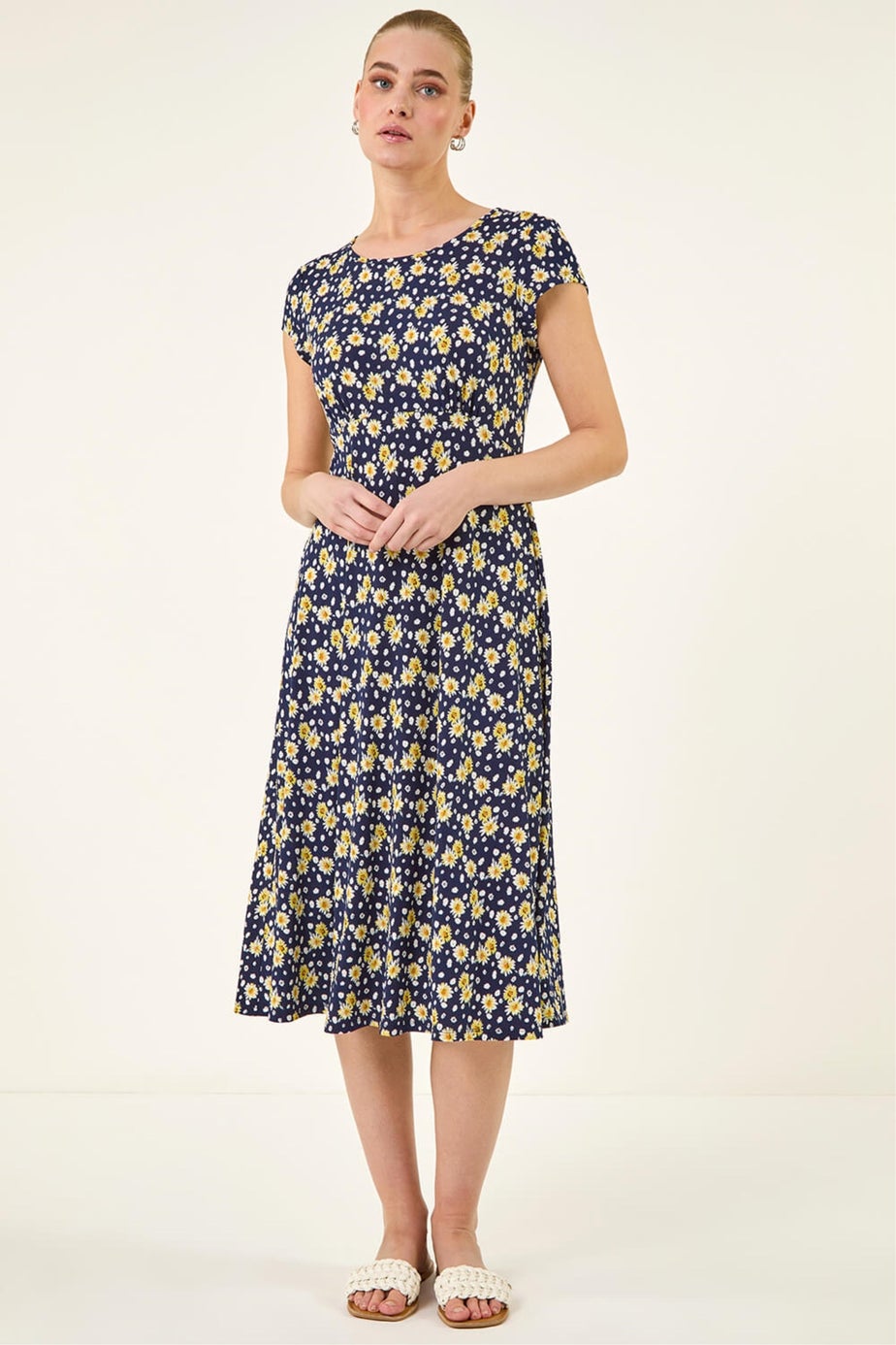 Roman Yellow Daisy Print Midi Tea Dress