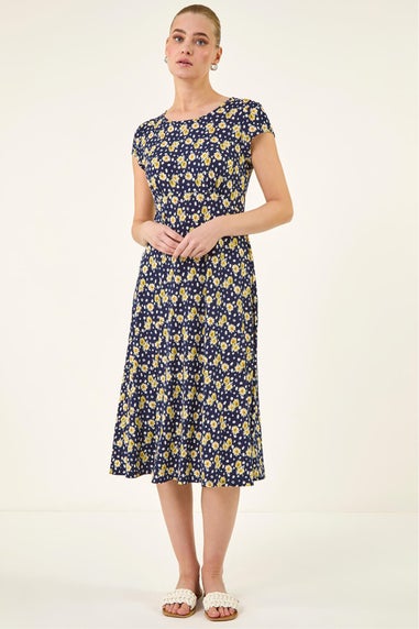 Roman Yellow Daisy Print Midi Tea Dress