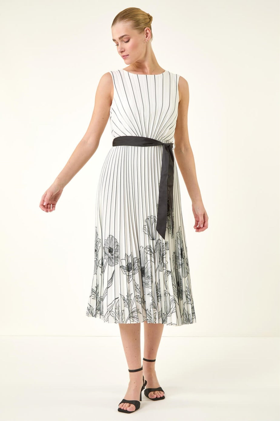 Roman Ivory Border Print Pleated Midi Dress