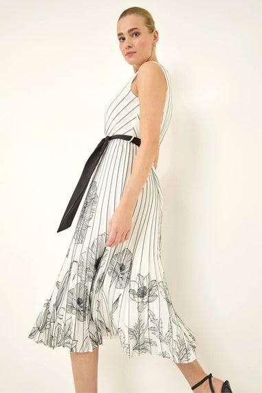 Roman Ivory Border Print Pleated Midi Dress