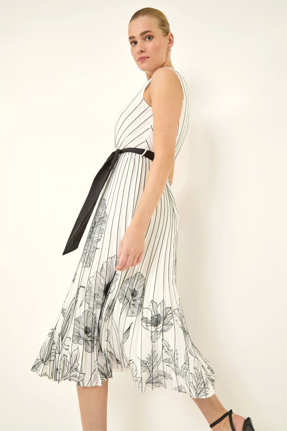 Roman Ivory Border Print Pleated Midi Dress