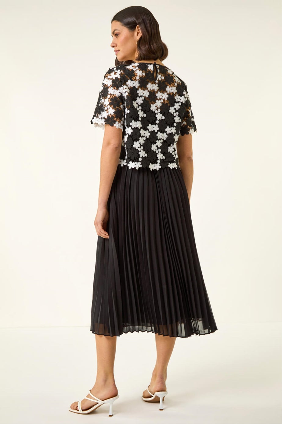 Roman Black Lace Overlay Pleated Midi Dress