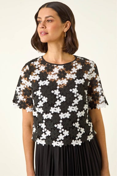 Roman Black Lace Overlay Pleated Midi Dress