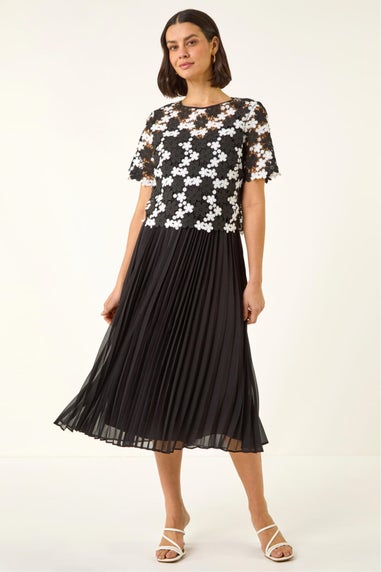 Roman Black Lace Overlay Pleated Midi Dress