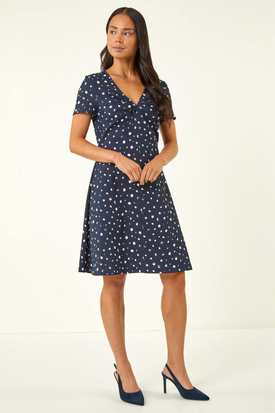 Roman Navy Petite Spot Print Twist Front Dress