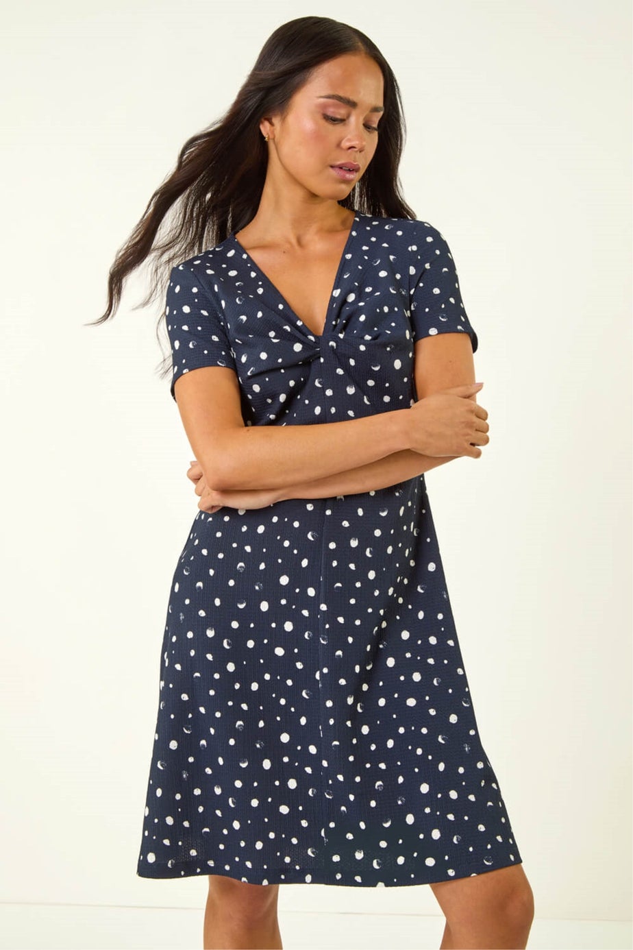 Roman Navy Petite Spot Print Twist Front Dress