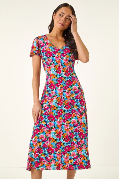 Roman Pink Petite Floral Button Pocket Midi Dress