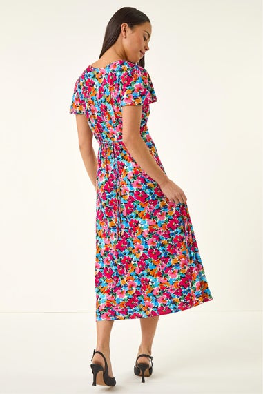 Roman Pink Petite Floral Button Pocket Midi Dress