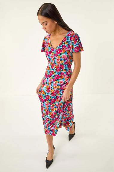 Roman Pink Petite Floral Button Pocket Midi Dress