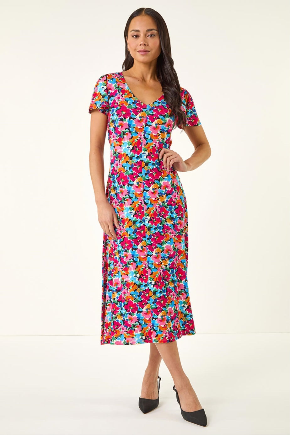 Roman Pink Petite Floral Button Pocket Midi Dress