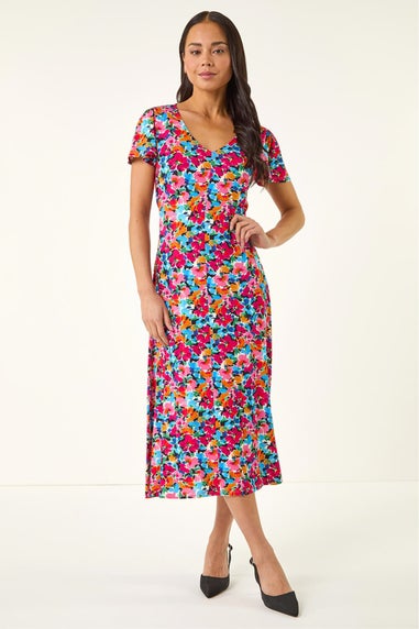 Roman Pink Petite Floral Button Pocket Midi Dress