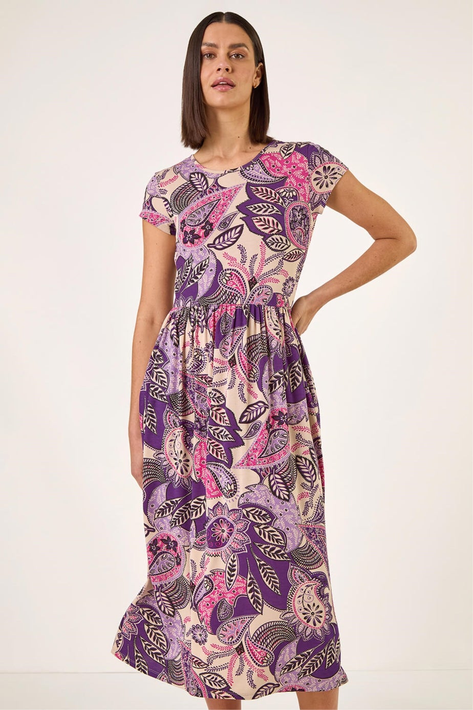 Roman Purple Paisley Print Short Sleeve Midi Dress