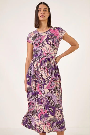 Roman Purple Paisley Print Short Sleeve Midi Dress