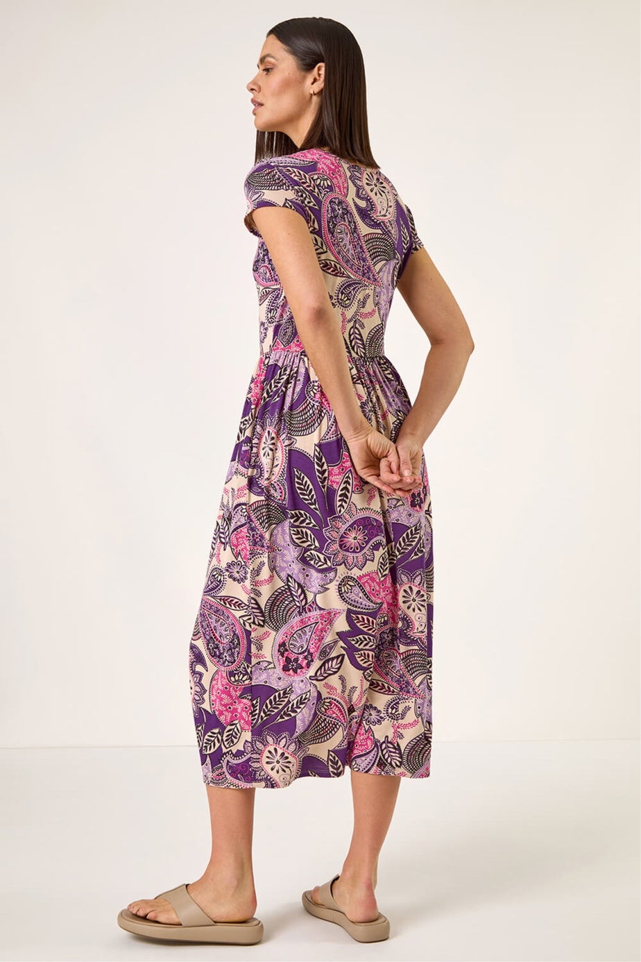 Roman Purple Paisley Print Short Sleeve Midi Dress