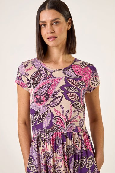 Roman Purple Paisley Print Short Sleeve Midi Dress