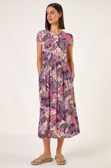 Roman Purple Paisley Print Short Sleeve Midi Dress