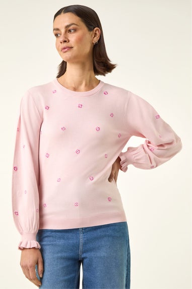 Roman Light Pink Embroidered Floral Knit Top