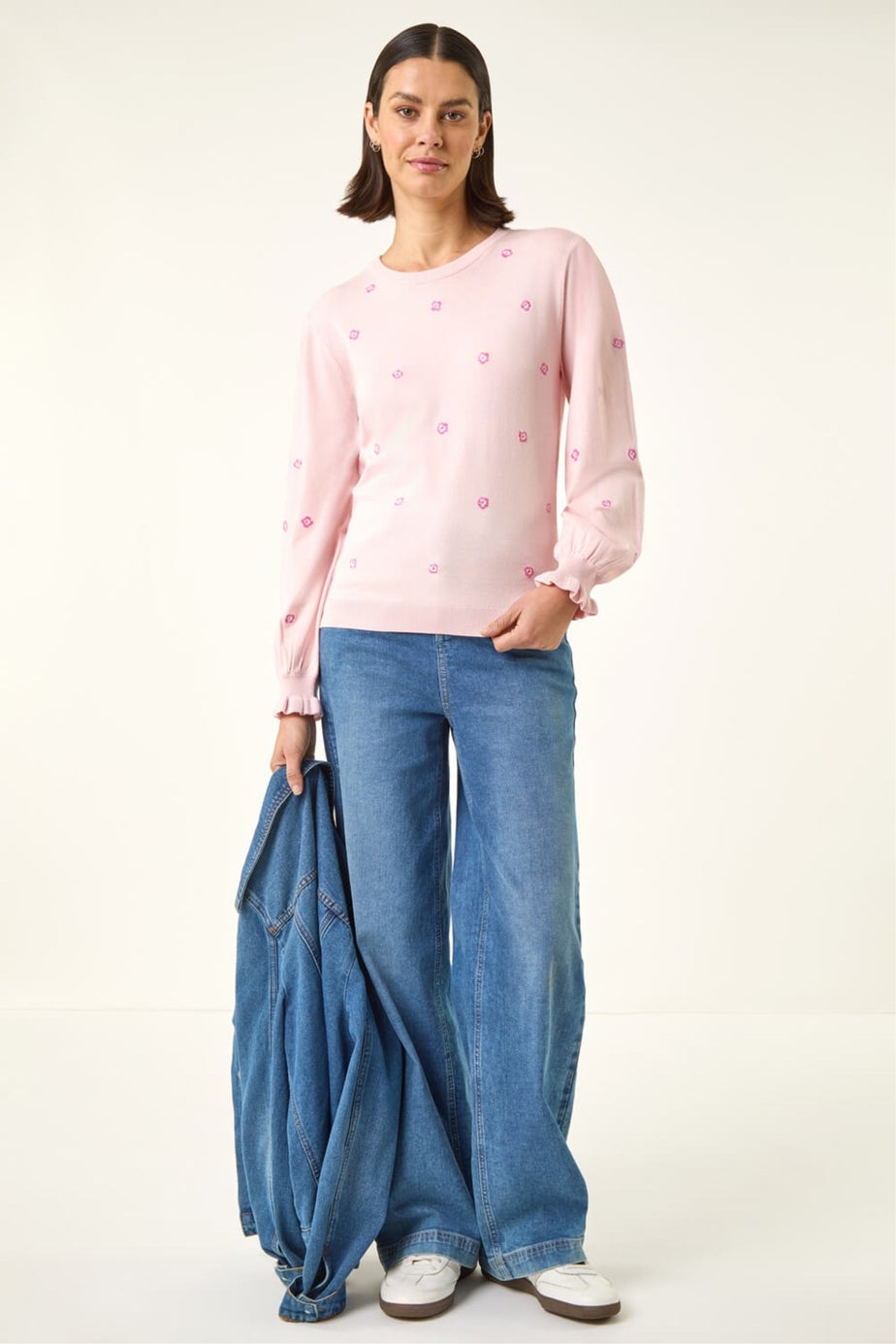 Roman Light Pink Embroidered Floral Knit Top