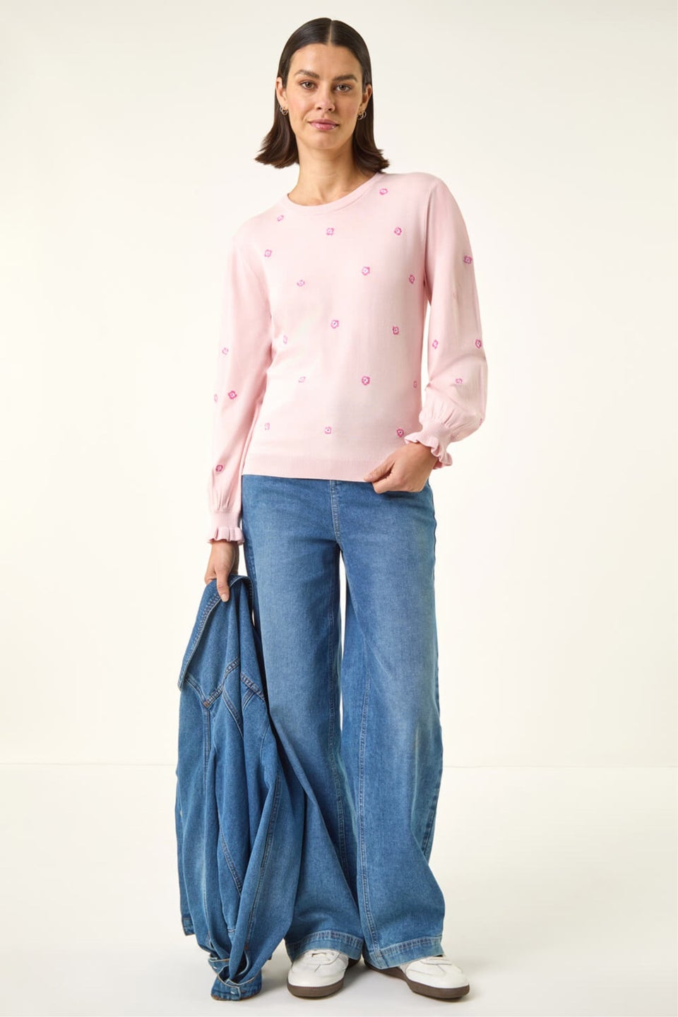 Roman Light Pink Embroidered Floral Knit Top