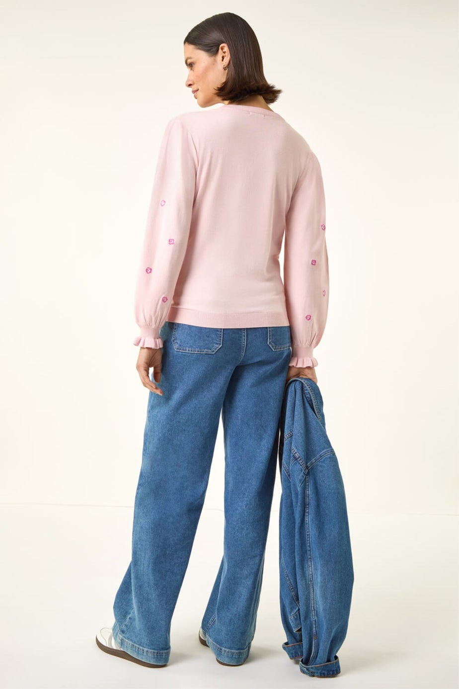 Roman Light Pink Embroidered Floral Knit Top