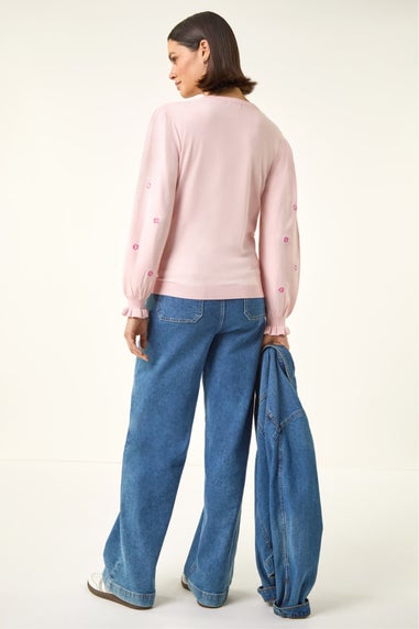 Roman Light Pink Embroidered Floral Knit Top