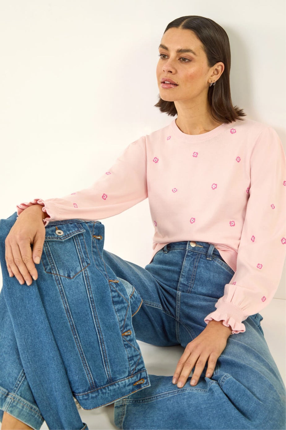 Roman Light Pink Embroidered Floral Knit Top
