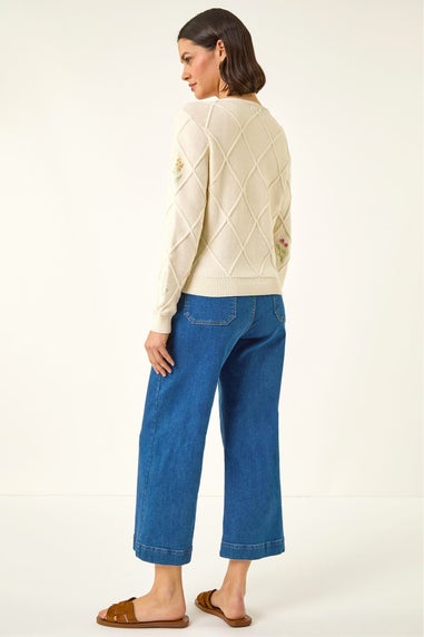 Roman Ivory Floral Embroidered Knit Cardigan