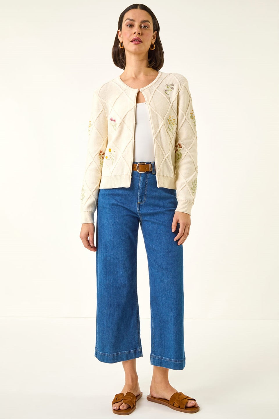 Roman Ivory Floral Embroidered Knit Cardigan