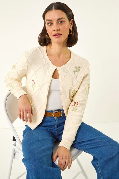 Roman Ivory Floral Embroidered Knit Cardigan