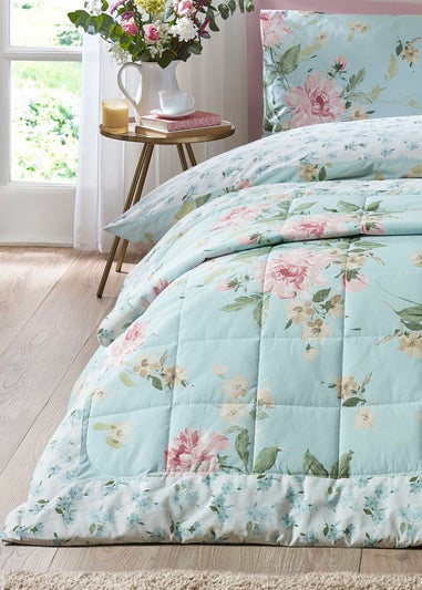 Catherine Lansfield Avebury Floral Reversible Quilted 220x230cm Bedspread Duck Egg Blue
