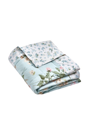 Catherine Lansfield Avebury Floral Reversible Quilted 220x230cm Bedspread Duck Egg Blue