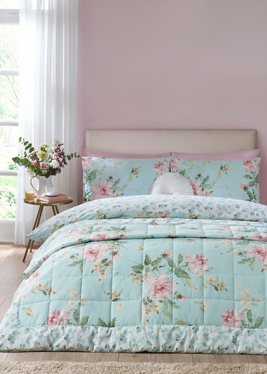 Catherine Lansfield Avebury Floral Reversible Quilted 220x230cm Bedspread Duck Egg Blue