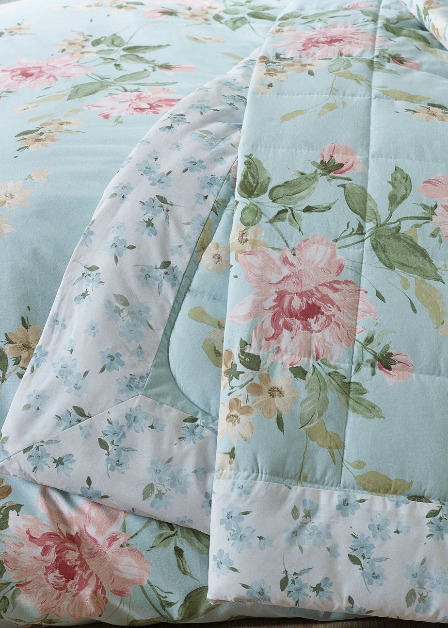 Catherine Lansfield Avebury Floral Reversible Quilted 220x230cm Bedspread Duck Egg Blue