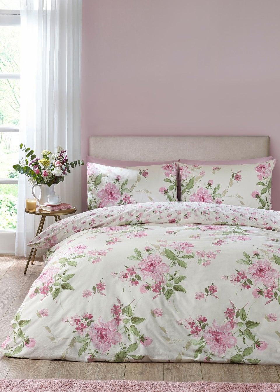 Catherine Lansfield Avebury Floral Reversible Duvet Cover Set Cream