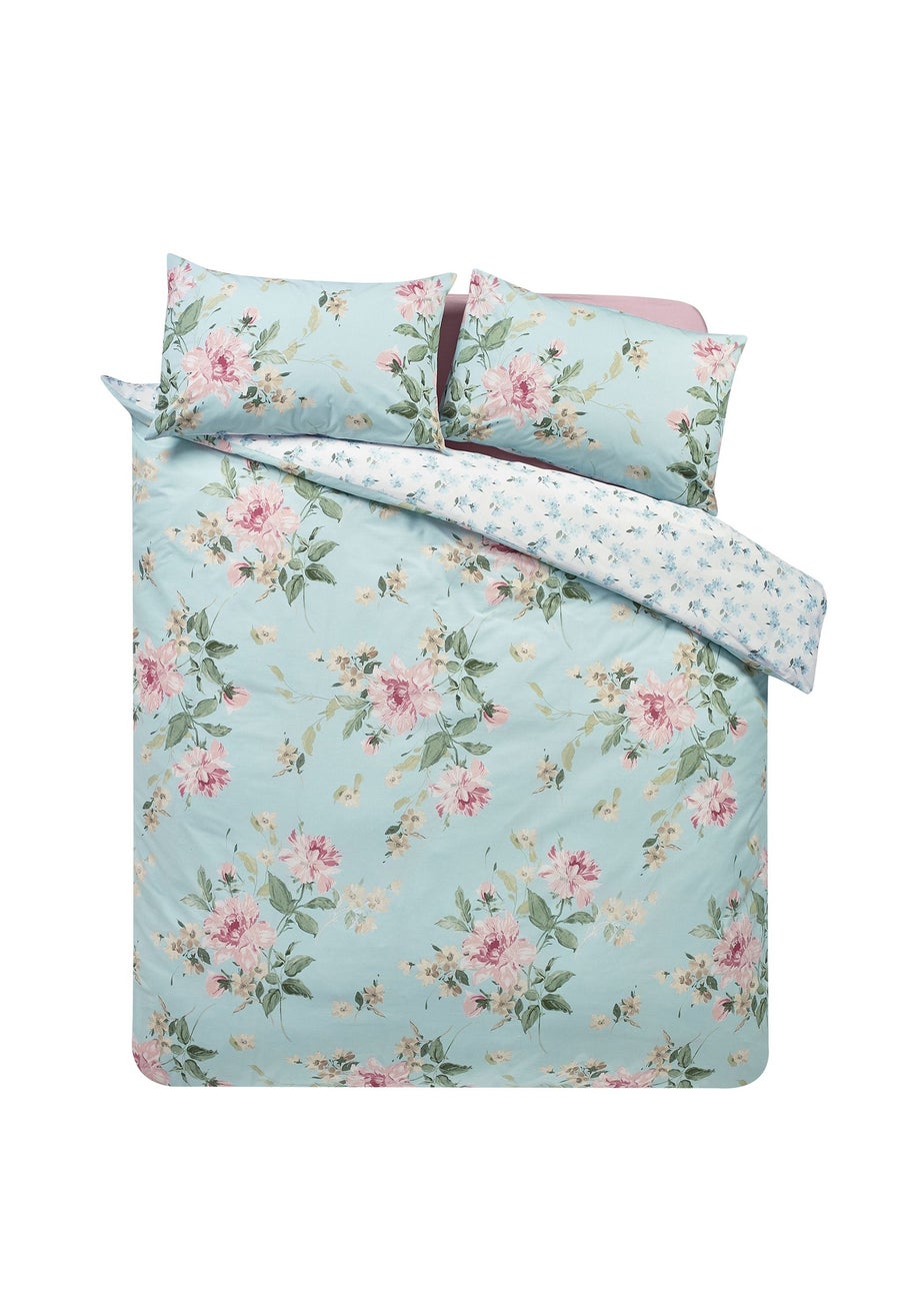 Catherine Lansfield Avebury Floral Reversible Duvet Cover Set Duck Egg Blue