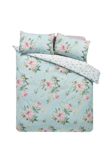 Catherine Lansfield Avebury Floral Reversible Duvet Cover Set Duck Egg Blue