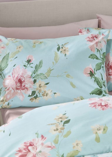 Catherine Lansfield Avebury Floral Reversible Duvet Cover Set Duck Egg Blue