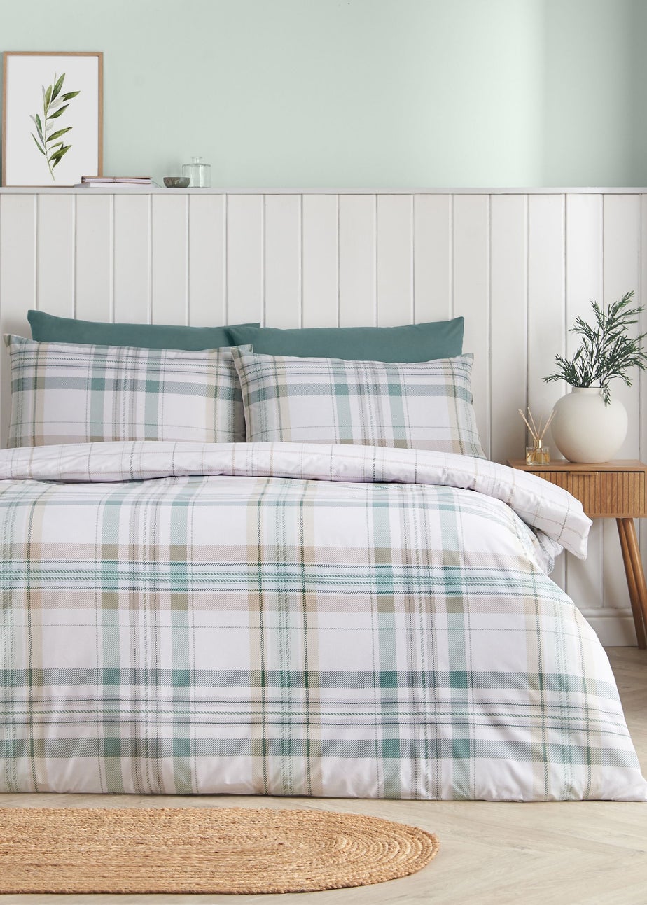 Catherine Lansfield Cartmel Check Reversible Duvet Cover Set Soft Green