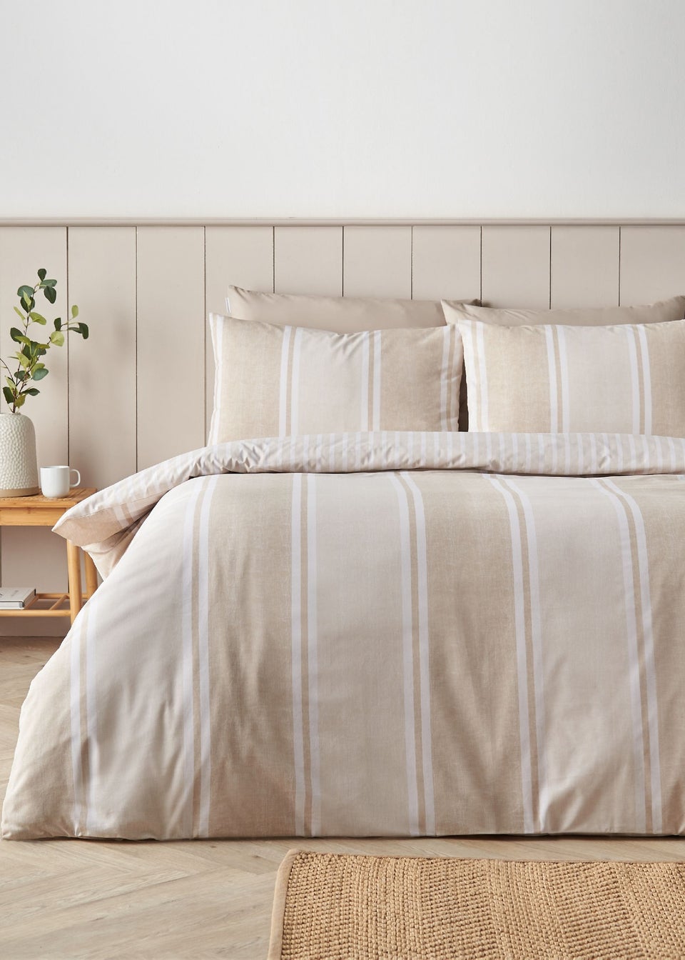 Catherine Lansfield Banded Stripe Reversible Duvet Cover Set Natural