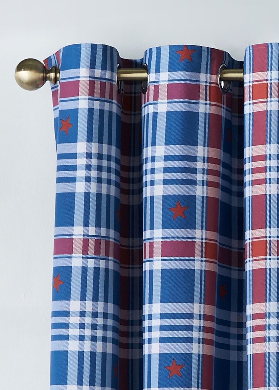 Catherine Lansfield Kids Stars And Check Fully Reversible Eyelet Curtains Blue