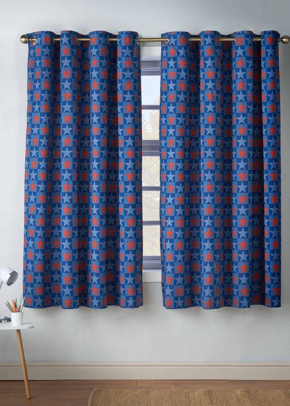 Catherine Lansfield Kids Stars And Check Fully Reversible Eyelet Curtains Blue