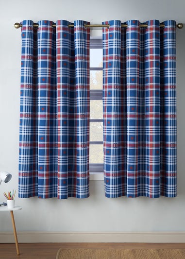 Catherine Lansfield Kids Stars And Check Fully Reversible Eyelet Curtains Blue