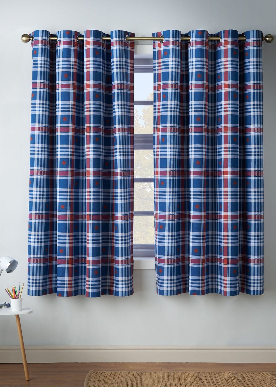 Catherine Lansfield Kids Stars And Check Fully Reversible Eyelet Curtains Blue